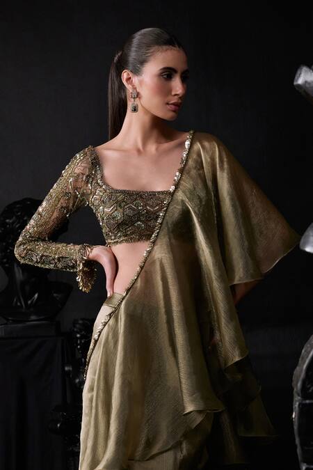 Roqa Gold Organza Tassels, Sequins One Shoulder Ruffle Saree With Embroidered Blouse Online at Aza Fashions Roqa_Gold Organza Tassels, Sequins One Shoulder Ruffle Saree With Embroidered Blouse_Online_at_Aza_Fashions