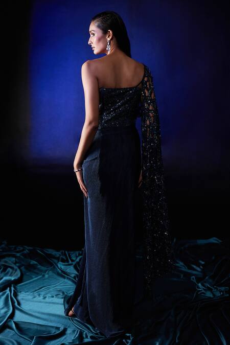 Shop Roqa Blue Lycra Sequins, Cut Work Sweetheart Neck Dana Beaded Draped Saree Gown at Aza Fashions Shop_Roqa_Blue Lycra Sequins, Cut Work Sweetheart Neck Dana Beaded Draped Saree Gown_at_Aza_Fashions