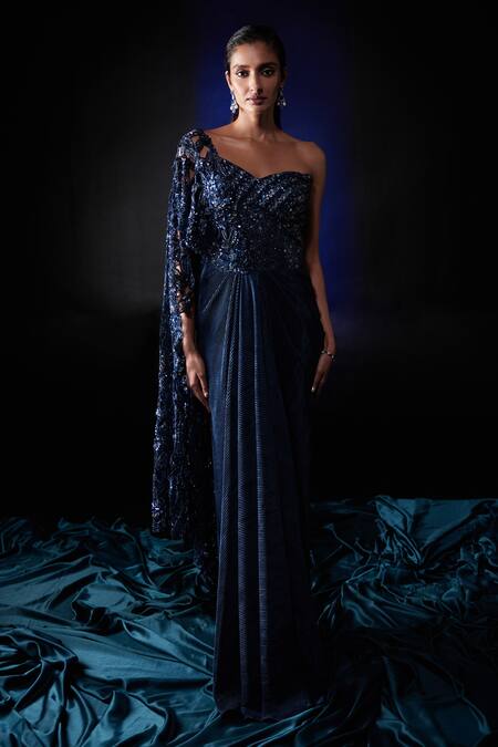 Roqa Blue Lycra Sequins, Cut Work Sweetheart Neck Dana Beaded Draped Saree Gown Online at Aza Fashions Roqa_Blue Lycra Sequins, Cut Work Sweetheart Neck Dana Beaded Draped Saree Gown_Online_at_Aza_Fashions