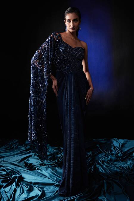 Buy Roqa Blue Lycra Sequins, Cut Work Sweetheart Neck Dana Beaded Draped Saree Gown Online at Aza Fashions Buy_Roqa_Blue Lycra Sequins, Cut Work Sweetheart Neck Dana Beaded Draped Saree Gown_Online_at_Aza_Fashions