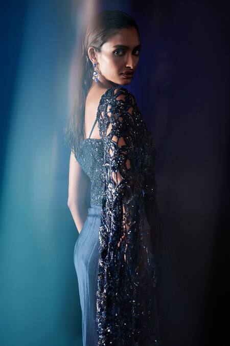 Shop Roqa Blue Lycra Sequins, Cut Work Sweetheart Neck Dana Beaded Draped Saree Gown Online at Aza Fashions Shop_Roqa_Blue Lycra Sequins, Cut Work Sweetheart Neck Dana Beaded Draped Saree Gown_Online_at_Aza_Fashions