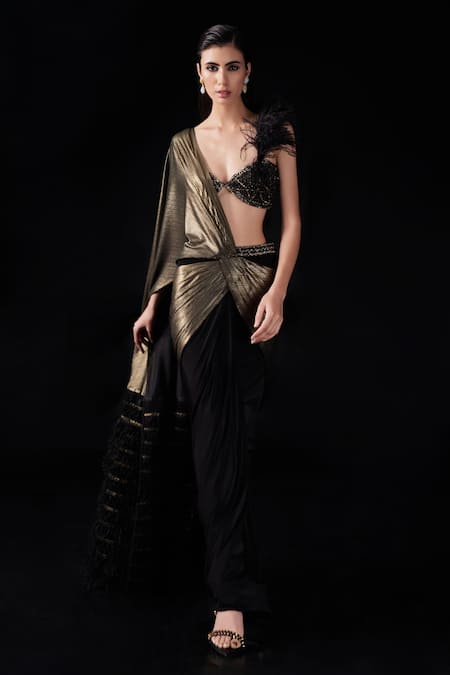 Buy true Browns Black Printed Velvet Pre-Stitched Saree Without Blouse for  Women Online @ Tata CLiQ