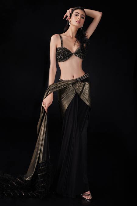 Roqa_Black Lycra Beads, Feathers, Sequins, Color Block Pre-stitched Saree With Blouse _Online_at_Aza_Fashions