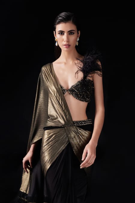 Shop_Roqa_Black Lycra Beads, Feathers, Sequins, Color Block Pre-stitched Saree With Blouse _Online_at_Aza_Fashions