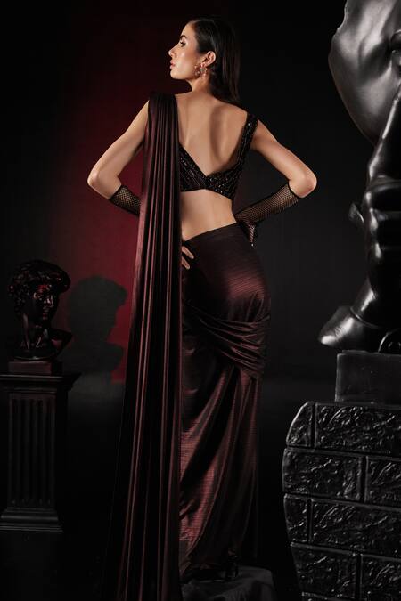 Shop Roqa Brown Lycra Beads, Sequins, Cut Work Pre-stitched High Slit Saree With Blouse at Aza Fashions Shop_Roqa_Brown Lycra Beads, Sequins, Cut Work Pre-stitched High Slit Saree With Blouse_at_Aza_Fashions