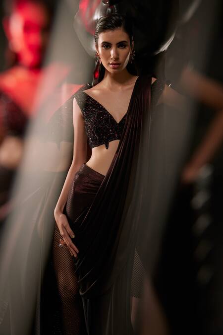 Roqa Brown Lycra Beads, Sequins, Cut Work Pre-stitched High Slit Saree With Blouse Online at Aza Fashions Roqa_Brown Lycra Beads, Sequins, Cut Work Pre-stitched High Slit Saree With Blouse_Online_at_Aza_Fashions