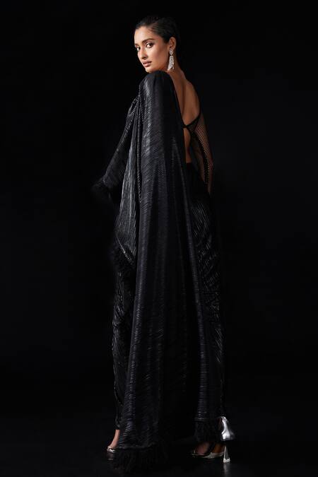 Roqa_Black Lycra Feathers, Beads, Sequins, Pre-stitched Saree And Blouse Set_Online_at_Aza_Fashions