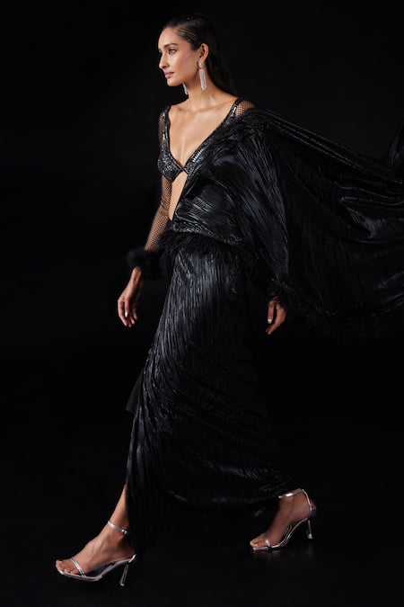 Buy_Roqa_Black Lycra Feathers, Beads, Sequins, Pre-stitched Saree And Blouse Set_Online_at_Aza_Fashions