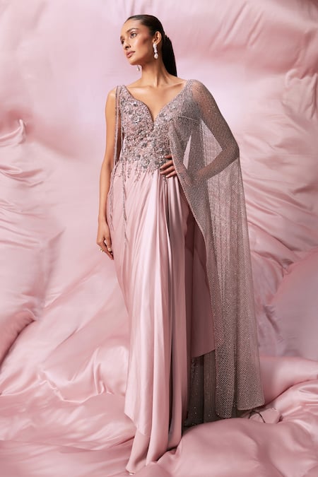 Roqa_Pink Satin Sequin Embroidered Yoke Draped Gown _Online_at_Aza_Fashions