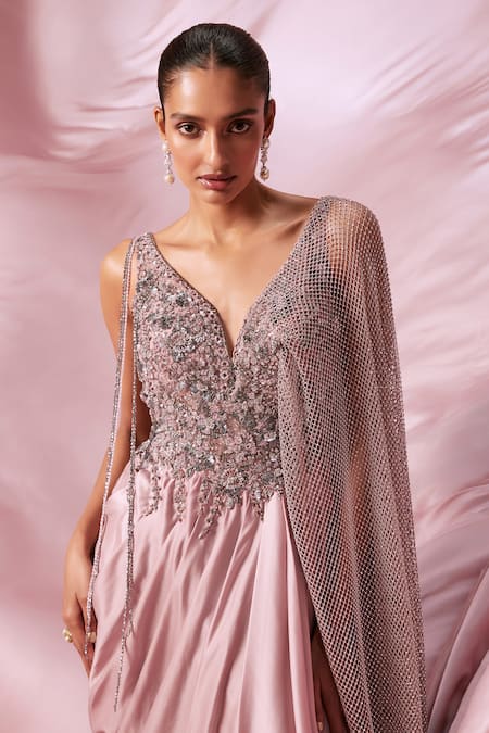 Buy_Roqa_Pink Satin Sequin Embroidered Yoke Draped Gown _Online_at_Aza_Fashions