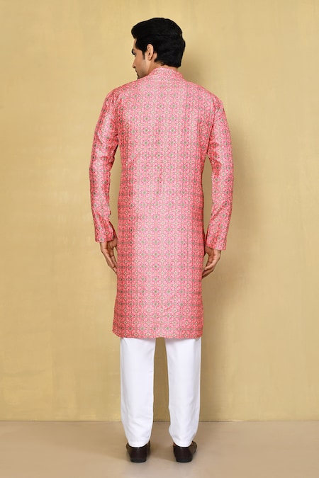 Shop_Arihant Rai Sinha_Pink Silk, Cotton Sequins Patola Print Kurta With Pyjama _at_Aza_Fashions