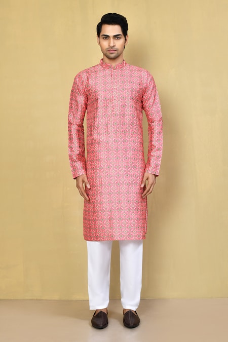 Buy_Arihant Rai Sinha_Pink Silk, Cotton Sequins Patola Print Kurta With Pyjama _Online_at_Aza_Fashions
