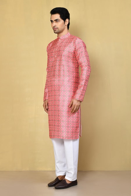 Arihant Rai Sinha_Pink Silk, Cotton Sequins Patola Print Kurta With Pyjama _at_Aza_Fashions