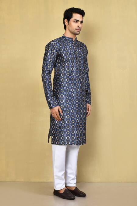 Arihant Rai Sinha_Blue Silk, Cotton Embroidery Ikat Print Kurta Set _at_Aza_Fashions