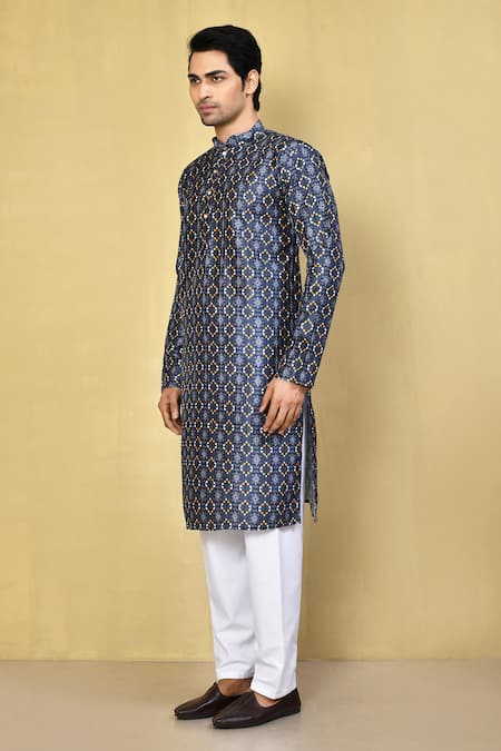 Buy_Arihant Rai Sinha_Blue Silk, Cotton Embroidery Ikat Print Kurta Set 