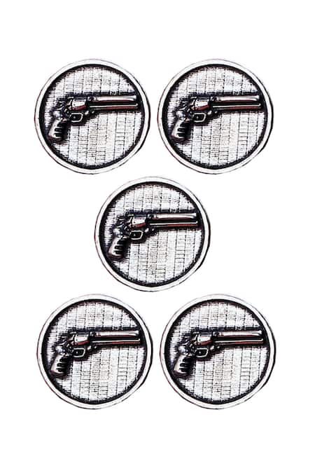 Cosa Nostraa Silver Power Gun Brass Buttons - Set Of 5 Online at Aza Fashions Cosa Nostraa_Silver Power Gun Brass Buttons - Set Of 5 _Online_at_Aza_Fashions