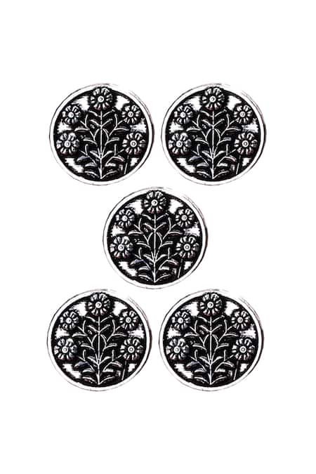 Cosa Nostraa Silver Eternal Garden Carved Buttons - Set Of 5 Online at Aza Fashions Cosa Nostraa_Silver Eternal Garden Carved Buttons - Set Of 5 _Online_at_Aza_Fashions