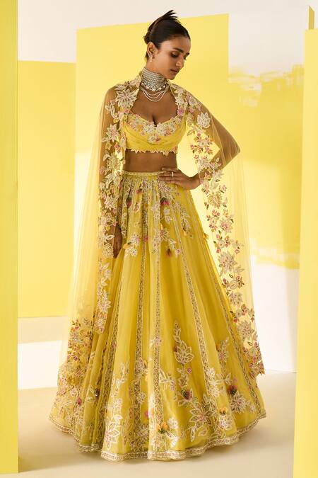 Shop Ridhi Mehra Yellow Blouse - Net/organza Lehenga - Lahya Bridal Pleated Set Shop_Ridhi Mehra_Yellow Blouse - Net/organza Lehenga - Lahya Bridal Pleated Set