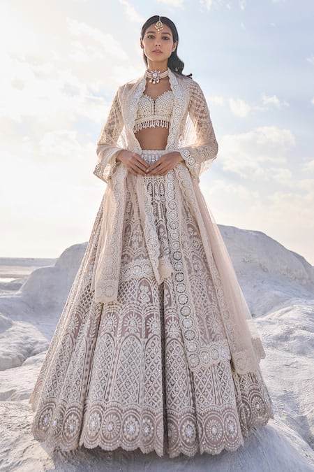 Seema Gujral_Beige Net Embroidery Thread Scallop Bordered Bridal Lehenga Set  _at_Aza_Fashions