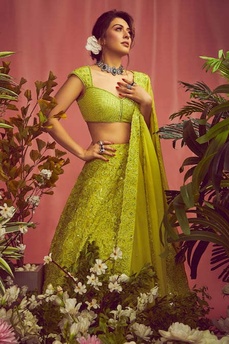 Devnaagri - Lime Green Resham Embroidered Cotton Silk Lehenga