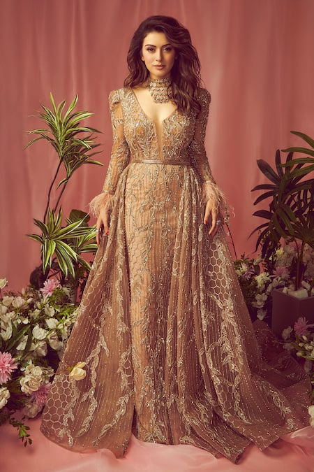 Amit GT Peach Tulle Embroidered Floral Pattern Plunge V Neck Trail Gown 