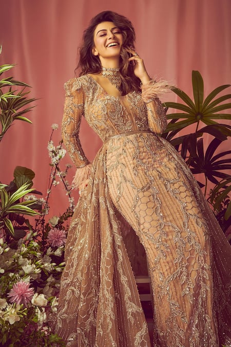 Shop_Amit GT_Peach Tulle Embroidered Floral Pattern Plunge V Neck Trail Gown  _at_Aza_Fashions