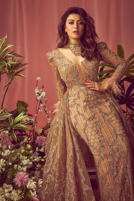 Amit GT_Peach Tulle Embroidered Floral Pattern Plunge V Neck Trail Gown  _Online_at_Aza_Fashions
