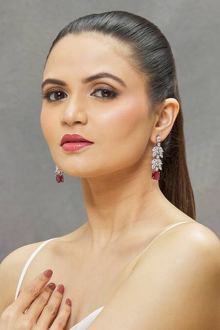 Buy Minaki Red Stones, Crystals Leaf Cut Work Embellished Earrings at Aza Fashions Buy_Minaki_Red Stones, Crystals Leaf Cut Work Embellished Earrings_at_Aza_Fashions