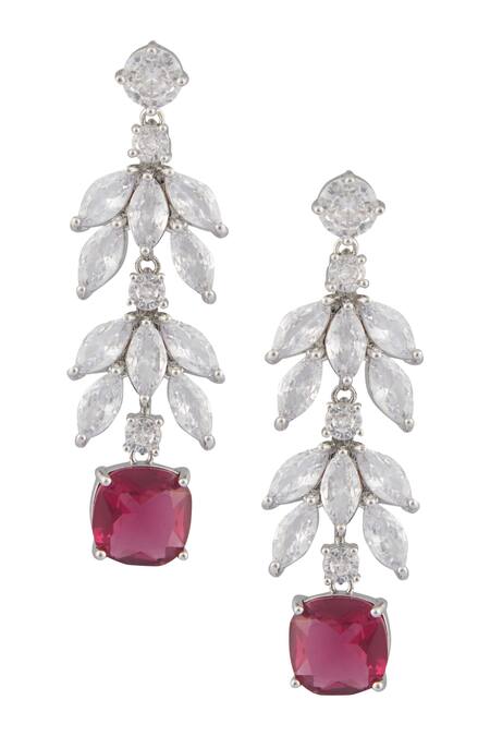 Shop Minaki Red Stones, Crystals Leaf Cut Work Embellished Earrings at Aza Fashions Shop_Minaki_Red Stones, Crystals Leaf Cut Work Embellished Earrings_at_Aza_Fashions