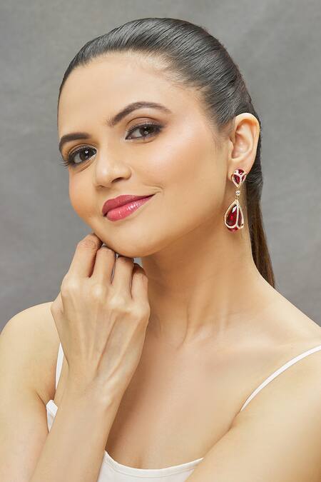 Buy Minaki Red Stones, Cut Work, Crystals Embellished Dangler Earrings at Aza Fashions Buy_Minaki_Red Stones, Cut Work, Crystals Embellished Dangler Earrings_at_Aza_Fashions