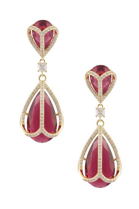 Shop Minaki Red Stones, Cut Work, Crystals Embellished Dangler Earrings at Aza Fashions Shop_Minaki_Red Stones, Cut Work, Crystals Embellished Dangler Earrings_at_Aza_Fashions