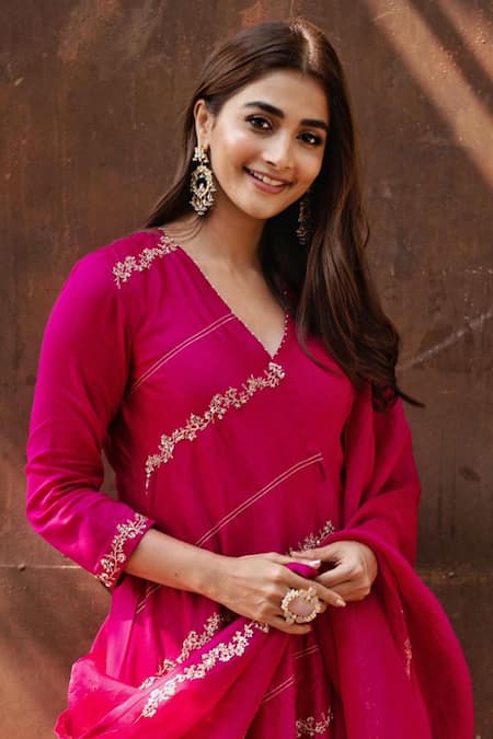 Buy_Deep Thee_Pink Organza, Chanderi Bead Work, Thread Embroidered Angrakha Kurta With Dupatta 