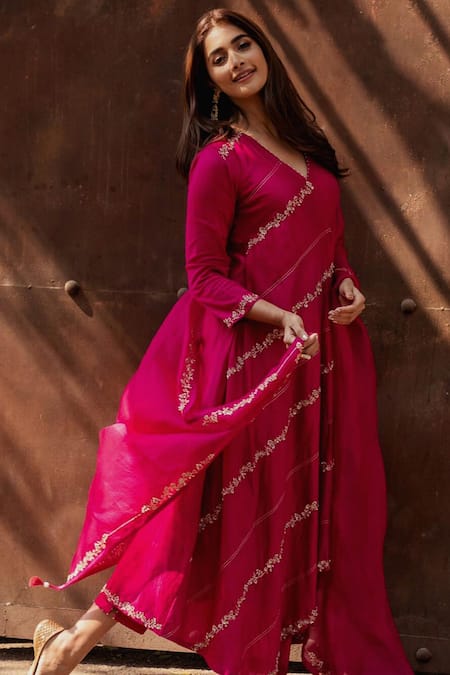 Shop_Deep Thee_Pink Organza, Chanderi Bead Work, Thread Embroidered Angrakha Kurta With Dupatta _Online_at_Aza_Fashions