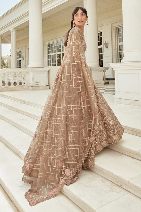 Shop Swati Narula Gold Lehenga And Blouse Organza Dupatta Net Eila Embroidered Bridal Set Shop_Swati Narula_Gold Lehenga And Blouse Organza Dupatta Net Eila Embroidered Bridal Set