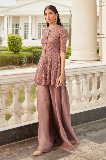 Buy Swati Narula Purple Organza Pipes, Sequins, Crystals, Reem Embroidered Kurta And Sharara Set Buy_Swati Narula_Purple Organza Pipes, Sequins, Crystals, Reem Embroidered Kurta And Sharara Set