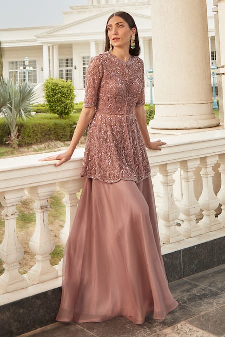 Shop Swati Narula Purple Organza Pipes, Sequins, Crystals, Reem Embroidered Kurta And Sharara Set Shop_Swati Narula_Purple Organza Pipes, Sequins, Crystals, Reem Embroidered Kurta And Sharara Set