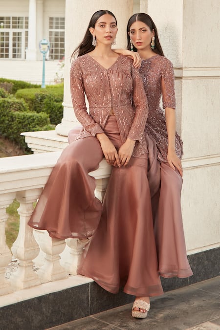 Shop_Swati Narula_Purple Organza Pipes, Sequins, Crystals, Reem Embroidered Kurta And Sharara Set