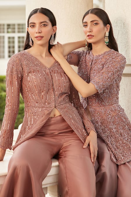 Shop Swati Narula Brown Organza Pipes, Sequins, Cutdanas V Zain Embroidered Kurta And Gharara Set Shop_Swati Narula_Brown Organza Pipes, Sequins, Cutdanas V Zain Embroidered Kurta And Gharara Set