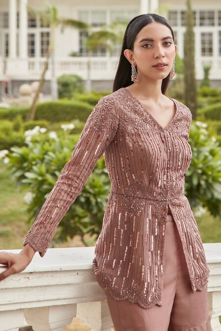 Buy Swati Narula Brown Organza Pipes, Sequins, Cutdanas V Zain Embroidered Kurta And Gharara Set Buy_Swati Narula_Brown Organza Pipes, Sequins, Cutdanas V Zain Embroidered Kurta And Gharara Set