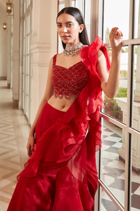 Buy_Swati Narula_Red Saree Organza Blouse Net Crystals Rubab Ruffled Pre-draped With 
