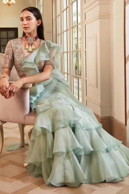 Swati Narula_Blue Organza Mirror Work, Sequins, Widad Ruffled Pre-draped Saree With Blouse _at_Aza_Fashions