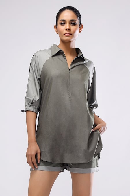 Scribbology_Green Tencel Split V-neck Colorblock Top And Shorts Set _Online_at_Aza_Fashions