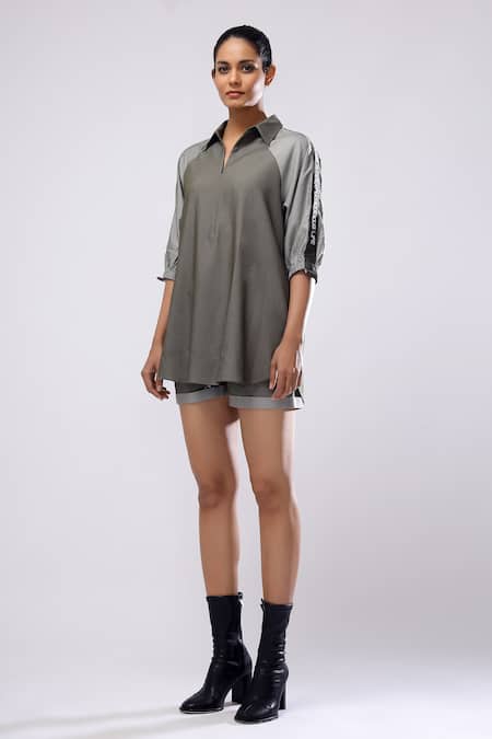 Buy_Scribbology_Green Tencel Split V-neck Colorblock Top And Shorts Set _Online_at_Aza_Fashions
