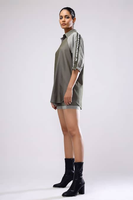 Shop_Scribbology_Green Tencel Split V-neck Colorblock Top And Shorts Set _Online_at_Aza_Fashions