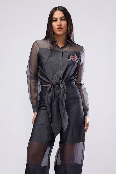 Scribbology_Black Tencel Embroidery Collared Tie-up Shirt And Baggy Pant Set _Online_at_Aza_Fashions