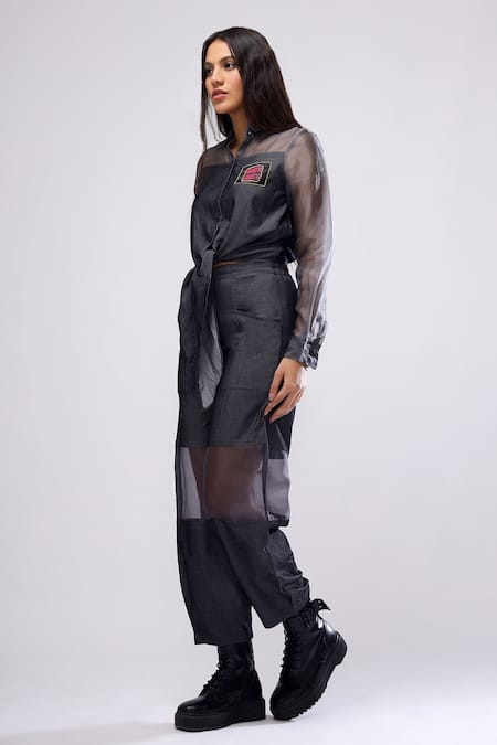 Buy_Scribbology_Black Tencel Embroidery Collared Tie-up Shirt And Baggy Pant Set _Online_at_Aza_Fashions
