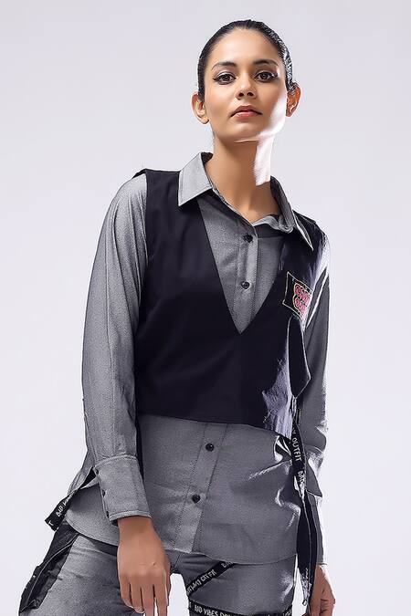 Scribbology_Black Tencel Embroidery V-neck, Collared Sleeveless Jacket Pant Set _Online_at_Aza_Fashions