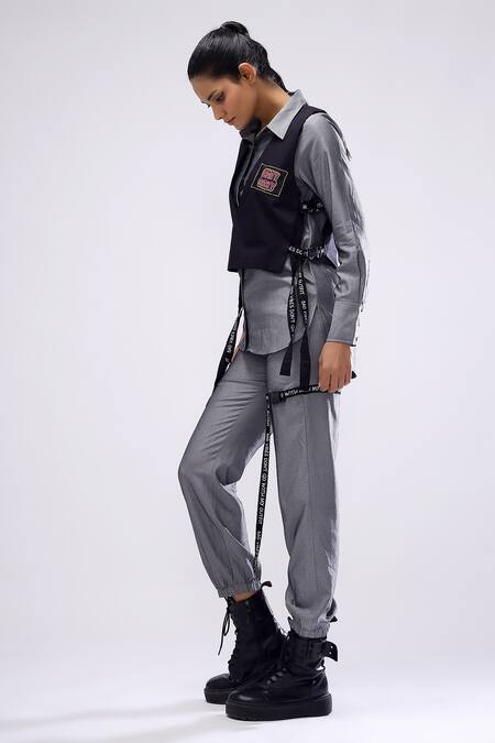 Shop_Scribbology_Black Tencel Embroidery V-neck, Collared Sleeveless Jacket Pant Set _Online_at_Aza_Fashions