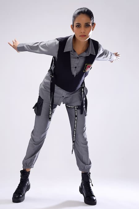 Scribbology_Black Tencel Embroidery V-neck, Collared Sleeveless Jacket Pant Set _at_Aza_Fashions