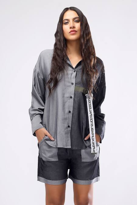 Scribbology_Grey Tencel Collared Superlife Colorblock Shirt And Shorts Set _Online_at_Aza_Fashions